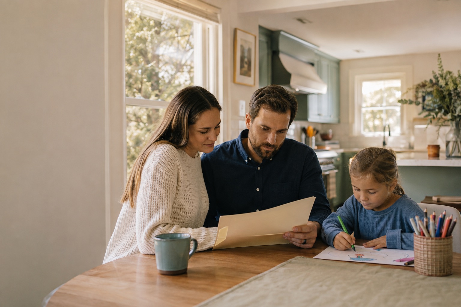 Family reviewing information together at their kitchen table