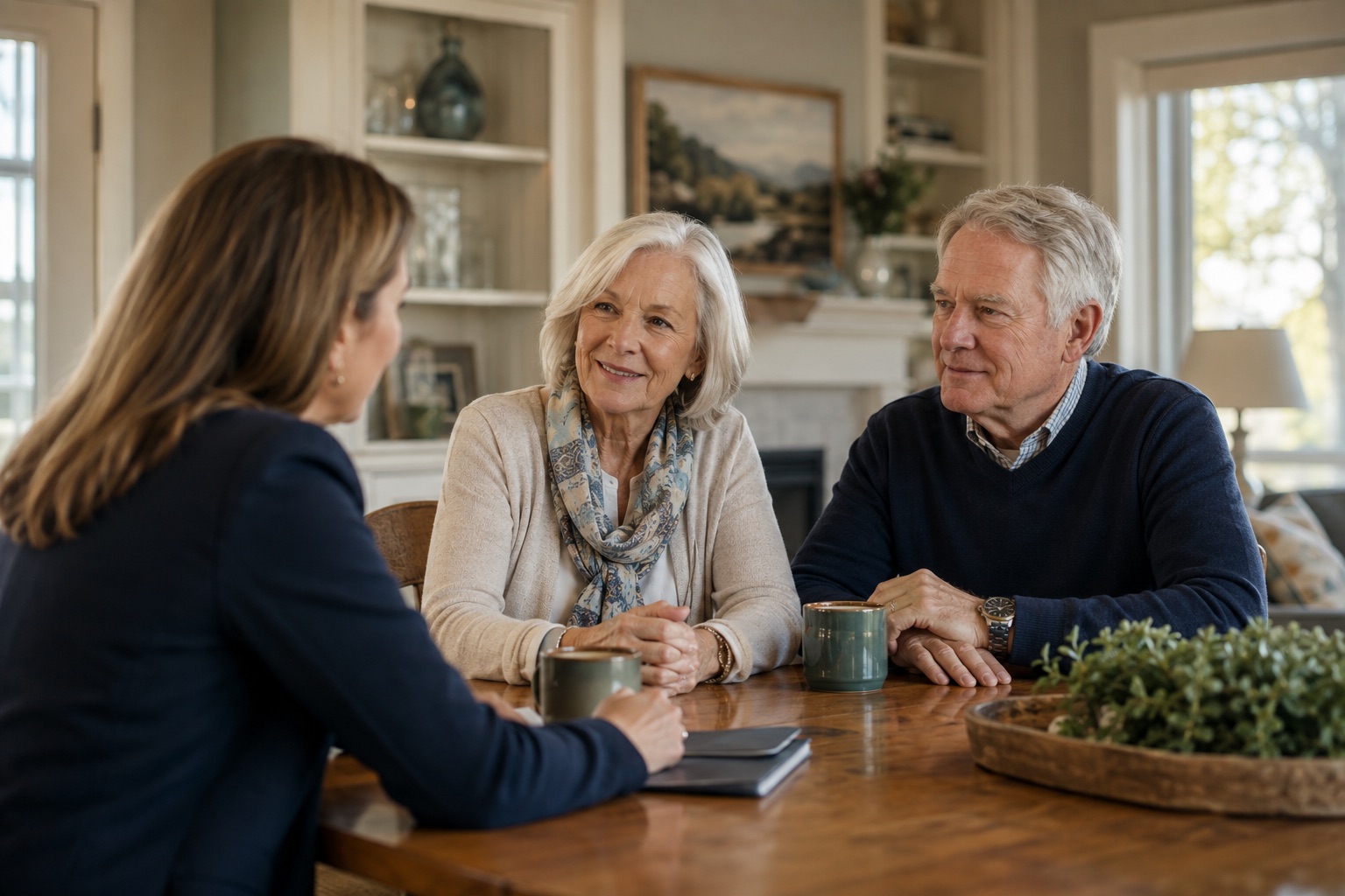 Older couple having a relaxed conversation about coverage options