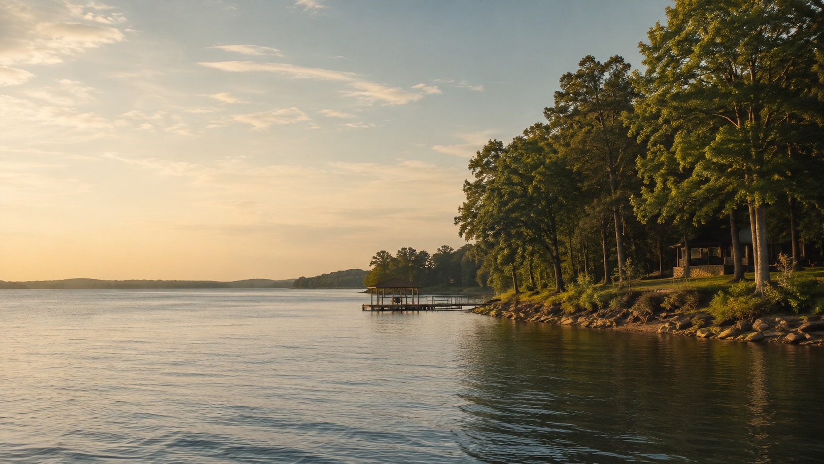 A peaceful Tennessee lake shoreline in warm evening light